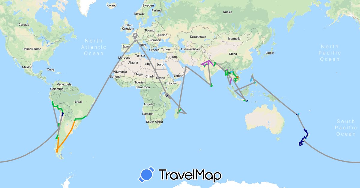 TravelMap itinerary: driving, bus, plane, train, hiking, boat, hitchhiking, motorbike in United Arab Emirates, Argentina, Bolivia, Brazil, Chile, France, Indonesia, India, Kenya, Cambodia, Laos, Sri Lanka, Madagascar, Myanmar (Burma), New Caledonia, Nepal, New Zealand, Peru, Philippines, Réunion, Singapore, Thailand, Tanzania (Africa, Asia, Europe, Oceania, South America)